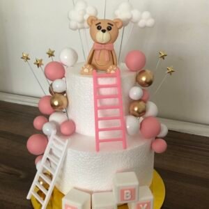 Décorations de gâteau pour Baby Shower  Ourson nœud rose .